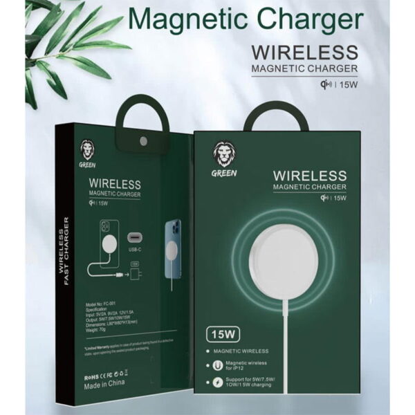 شارژر وایرلس 15 واتی مگ سیف گرین مدل GREEN Magsafe FC-001