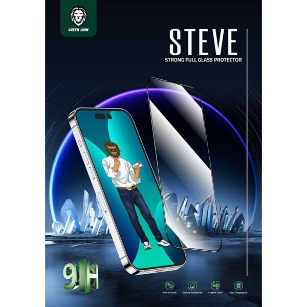 محافظ صفحه نمایش گرین مناسب گوشی آیفون 14 پرومکس مدل GREEN LION 9H STEVE GLASS 14 PROMAX