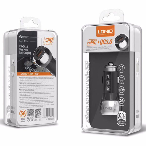 شارژر فندکی فست الدینیو همراه با کابل تایپسی مدل LDNIO C1 Car Charger 38W