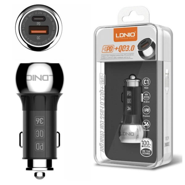شارژر فندکی فست الدینیو همراه با کابل تایپسی مدل LDNIO C1 Car Charger 38W