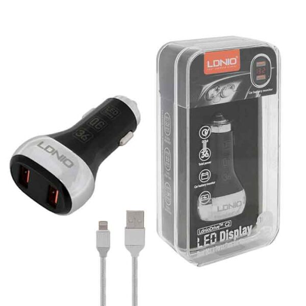 شارژر فندکی فست همراه با کابل لایتنینگ الدینیو مدل LDNIO C2 CAR CHARGER 36W