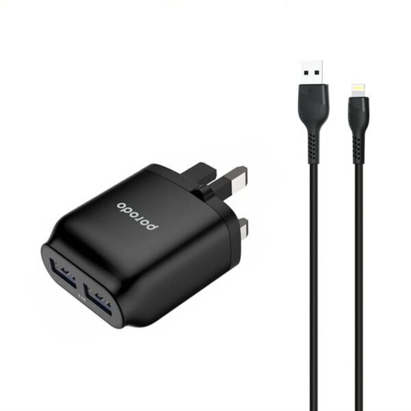 کله شارژر 3پین فست پورودو همراه با کابل آیفون مدل PORODO DUAL PORT FAST CHARGING