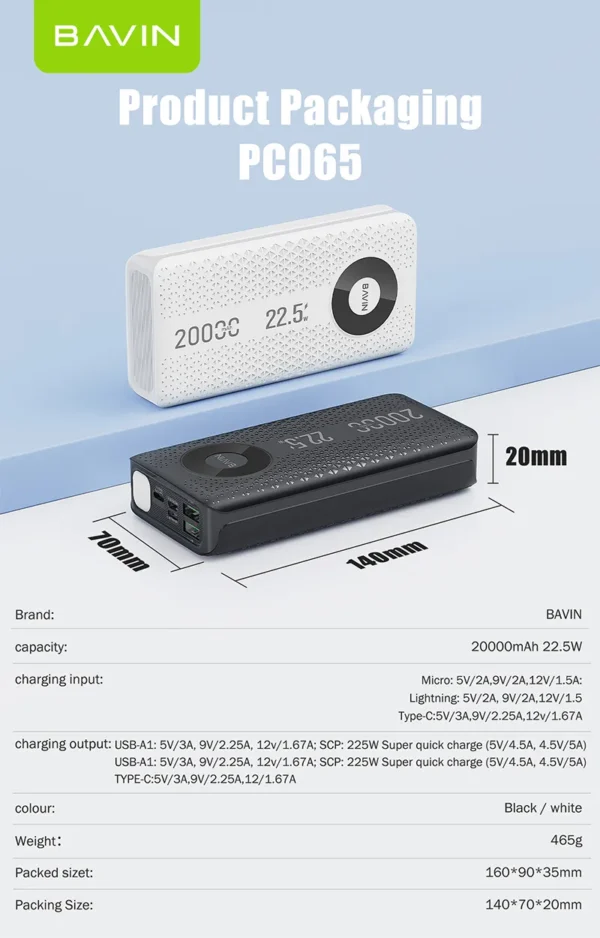 پاور بانک فست شارژ 20000 باوین مدل BAVIN PC065 22.5W