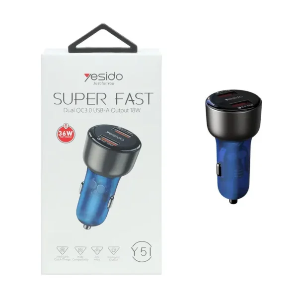 شارژ فندکی 36 وات یسیدو مدل YESIDO Y51 SUPER FAST