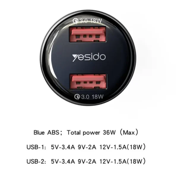 شارژ فندکی 36 وات یسیدو مدل YESIDO Y51 SUPER FAST