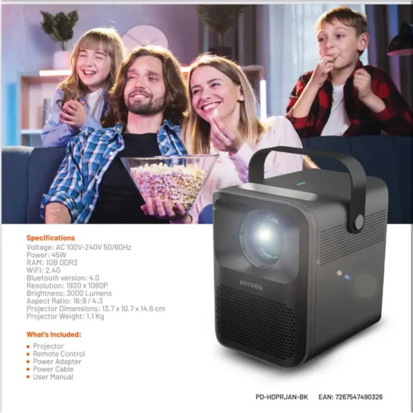 ویدئو پروژکتور قابل حمل پرودو مدل PORODO PORTABLE PROJECTOR PD-HDPRJAN ( با گارانتی )