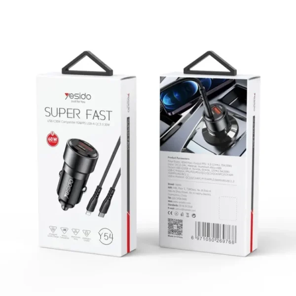 شارژر فندکی با کابل آیفون یسیدو YESIDO Y54 60W FAST CHARGER
