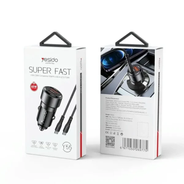 شارژر فندکی با کابل یسیدو مدل YESIDO Y55 FAST CHARGER