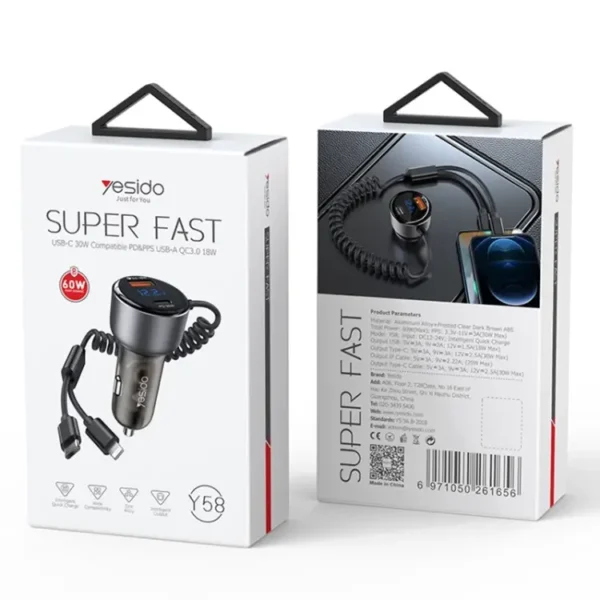 شارژر فندکی 60 وات با کابل یسیدو مدل YESIDO Y58 SUPER FAST