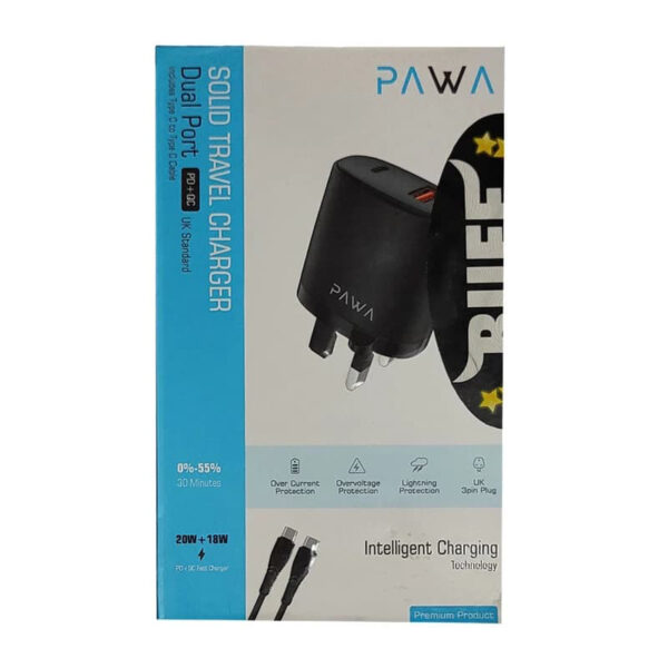 آداپتور شارژ 20 وات پاوا با 2 خروجی به همراه کابل تایپ سی PAWA SOLID DUAL PORT PD+QC