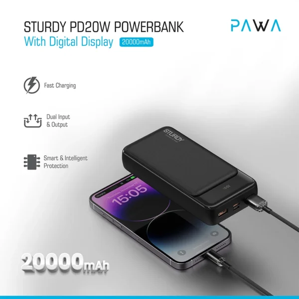 پاوربانک 20 وات پاوا با ظرفیت 20000 میلی آمپر PAWA STURDY با گارانتی بوف سرویس
