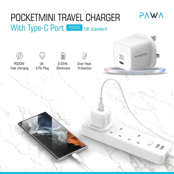 شارژر دیواری 20 وات پاوا PAWA POCKETMINI PW-PM120WUK با پورت تایپسی
